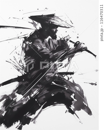 必殺の一撃を放つ侍 水墨画のイラスト素材 [116470311] - PIXTA