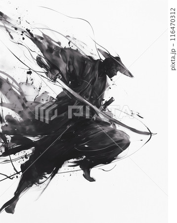 必殺の一撃を放つ侍　水墨画 116470312