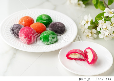 Multi-colored Japanese cakes Mochi in a white plate 116470343