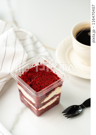 Trifle red velvet in plastic cup on table Trifle red velvet in plastic cup on table 116470487