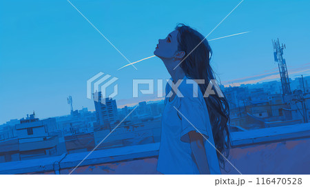 屋上に立ち空を見上げる女性 116470528