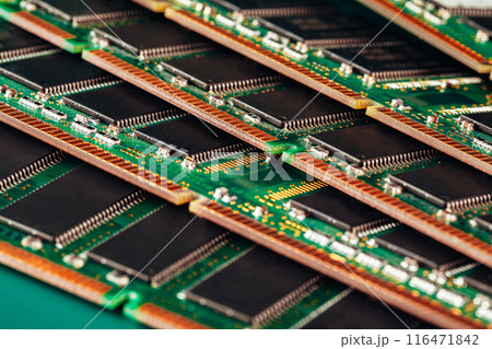 Close up of electronic circuit board with processor 116471842