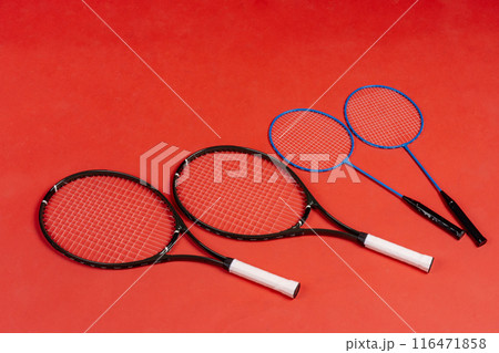 Four rackets. Rackets for tennis and for badminton 116471858