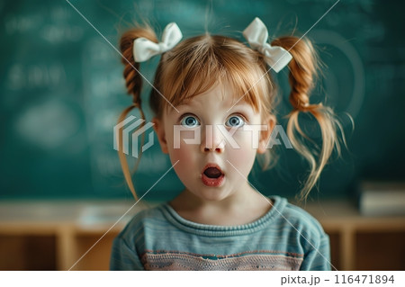 A surprised girl stands against the background of a board with formulas. Back to school. A surprised girl stands against the background of a board with formulas. Back to school. 116471894