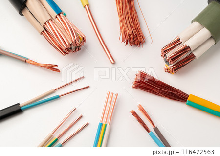 Various Copper Electrical Wires Isolated on White Background 116472563