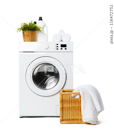 White Laundry Washing Machine With Basket and Detergent Bottles 116472752