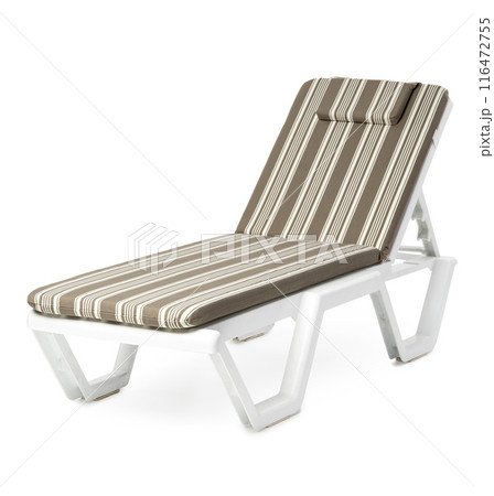 White Plastic Lounge Chair With Striped Cushions White Plastic Lounge Chair With Striped Cushions 116472755