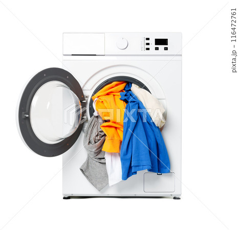 White Front Load Washing Machine With Clothes Inside and Laundry Detergent 116472761