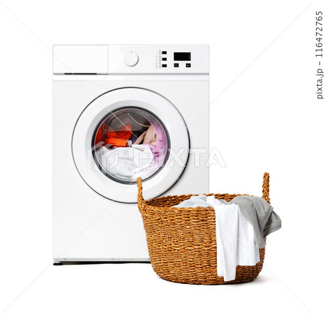White Washing Machine With Laundry Basket on Top White Washing Machine With Laundry Basket on Top 116472765