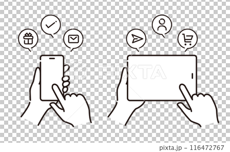 Illustration material of touching a smartphone or tablet that can be used to explain cashless payments, apps, and email transmission 116472767