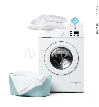 White Front Load Washing Machine With Laundry Basket and Clean Clothes 116472775