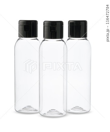 Three Clear Plastic Bottles With Black Caps on a White Background 116472784
