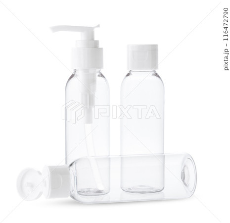 Three Clear Plastic Bottles With White Caps and Pumps on a White Background 116472790