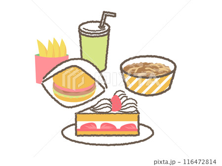 ファーストフードやケーキなど体に悪い食べ物のイラストセット 116472814