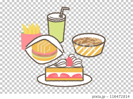 ファーストフードやケーキなど体に悪い食べ物のイラストセット 116472814