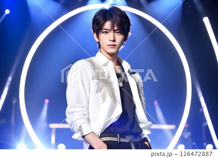 アイドルのようなイケメンでクールな男性のポートレート、スポットライト照明付きのステージ背景　AI生成 116472887