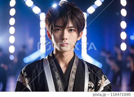 アイドルのようなイケメンでクールな男性のポートレート、スポットライト照明付きのステージ背景　AI生成 116472890