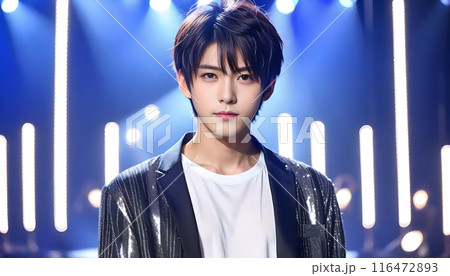 アイドルのようなイケメンでクールな男性のポートレート、スポットライト照明付きのステージ背景　AI生成 116472893