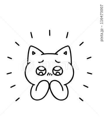 目をキラキラ輝かせて感動する猫・線画 116473007