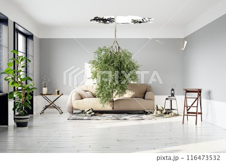 modern living room with broken ceiling . 116473532