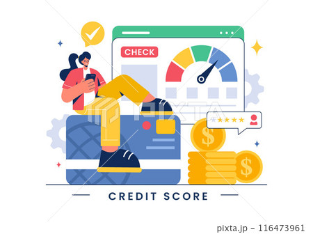 Credit Score Vector Illustration with Loan Arrow Gauge Speedometer Indicator Showing Ratings from Poor to Good in a Flat Cartoon Style Background 116473961