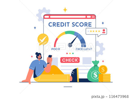 Credit Score Vector Illustration with Loan Arrow Gauge Speedometer Indicator Showing Ratings from Poor to Good in a Flat Cartoon Style Background Credit Score Vector Illustration with Loan Arrow Gauge Speedometer Indicator Showing Ratings from Poor to Good in a Flat Cartoon Style Background 116473968