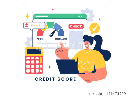 Credit Score Vector Illustration with Loan Arrow Gauge Speedometer Indicator Showing Ratings from Poor to Good in a Flat Cartoon Style Background 116473969