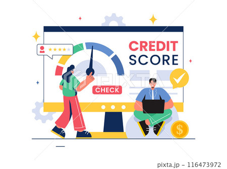 Credit Score Vector Illustration with Loan Arrow Gauge Speedometer Indicator Showing Ratings from Poor to Good in a Flat Cartoon Style Background Credit Score Vector Illustration with Loan Arrow Gauge Speedometer Indicator Showing Ratings from Poor to Good in a Flat Cartoon Style Background 116473972