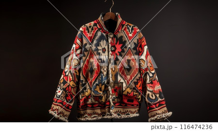 Colorful Vintage Patterned Wool Jacket on Hanger Against Dark Background 116474236