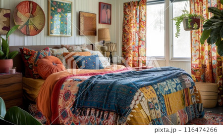 Colorful Bohemian Bedroom with Vintage Decor and Patterned Textiles in Natural Light 116474266