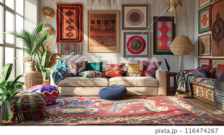 Cozy Bohemian Living Room with Colorful Ethnic Decor and Patterned Textiles 116474267