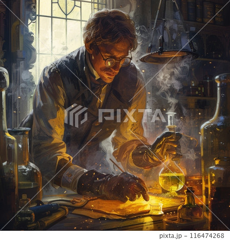 Scientist Conducting Experiment in Laboratory Mixing Chemicals and Analyzing Results 116474268