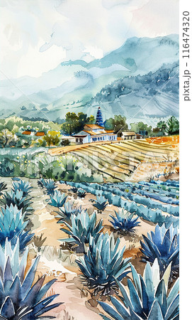 Watercolor illustration of blue agave farm 116474320