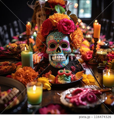 Sugar skull centerpiece with flowers and candles on a black table 116474326
