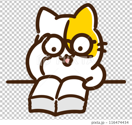 A deformed illustration of a smart-looking cat character wearing glasses carefully reading a thick dictionary A deformed illustration of a smart-looking cat character wearing glasses carefully reading a thick dictionary 116474434