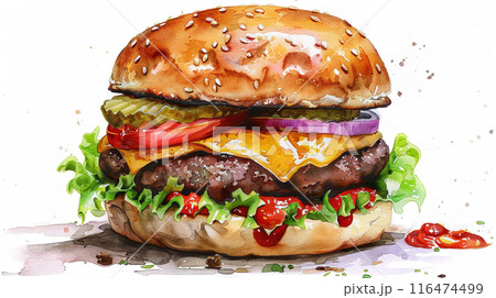 Watercolor art illustration of american hamburger Watercolor art illustration of american hamburger 116474499