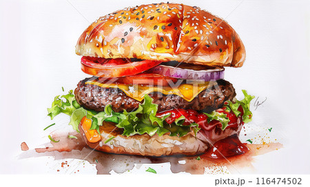 Watercolor art illustration of american hamburger Watercolor art illustration of american hamburger 116474502