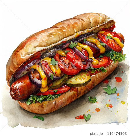 Watercolor art illustration of american hot dog 116474508