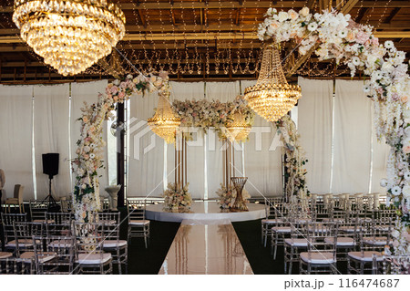 Great place for evening wedding ceremony. Large crystal lamps decorate the location 116474687