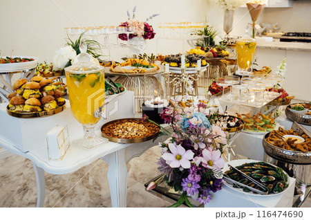 A wide variety of snacks on the table for guests. Shrimp, boiled pork, various types of meat and other products A wide variety of snacks on the table for guests. Shrimp, boiled pork, various types of meat and other products 116474690