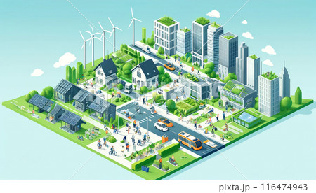 都市の環境変化を続ける未来都市開発のイラスト 116474943