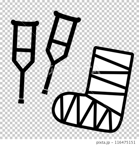 Illustration of a leg cast and crutches. Hospitalization, injury, treatment, rehabilitation icon Illustration of a leg cast and crutches. Hospitalization, injury, treatment, rehabilitation icon 116475151