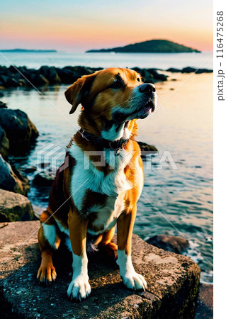 海沿いで夕日に染まる犬 116475268