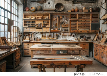 Carpentry workshop with table and workshop tools Carpentry workshop with table and workshop tools 116475560