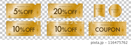A luxurious, pop, gold coupon vector icon set that can be used for member sales A luxurious, pop, gold coupon vector icon set that can be used for member sales 116475762