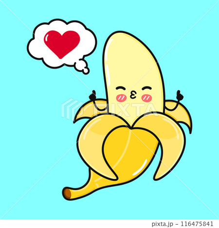 Cute funny Banana doing yoga with speech bubble. Vector hand drawn cartoon kawaii character illustration icon. Isolated on blue background. Banana in love character concept Cute funny Banana doing yoga with speech bubble. Vector hand drawn cartoon kawaii character illustration icon. Isolated on blue background. Banana in love character concept 116475841