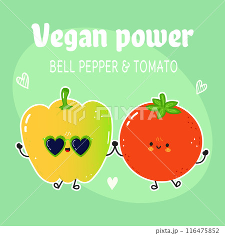 Yellow pepper and tomato card. Vector hand drawn doodle style cartoon character illustration icon design. Happy green pepper and tomato friends concept card Yellow pepper and tomato card. Vector hand drawn doodle style cartoon character illustration icon design. Happy green pepper and tomato friends concept card 116475852