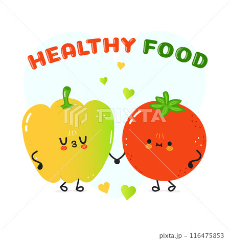 Yellow pepper and tomato card. Vector hand drawn doodle style cartoon character illustration icon design. Happy green pepper and tomato friends concept card Yellow pepper and tomato card. Vector hand drawn doodle style cartoon character illustration icon design. Happy green pepper and tomato friends concept card 116475853