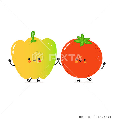 Yellow pepper and tomato card. Vector hand drawn doodle style cartoon character illustration icon design. Happy green pepper and tomato friends concept card Yellow pepper and tomato card. Vector hand drawn doodle style cartoon character illustration icon design. Happy green pepper and tomato friends concept card 116475854