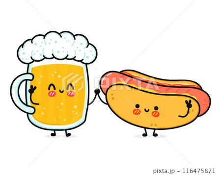 Cute, funny happy glass of beer and hot dog. Vector hand drawn cartoon kawaii characters, illustration icon. Funny cartoon glass of beer and hot dog mascot friends concept 116475871